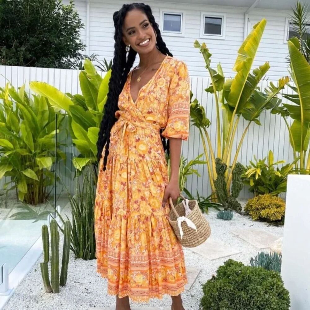 Petal & Pup Dress Tiered Midi Orange floral size small family photos Resort fall